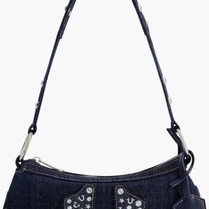 NWT True Religion Denim Shoulder Bag Studded Horseshoe Logo Jean Purse Small